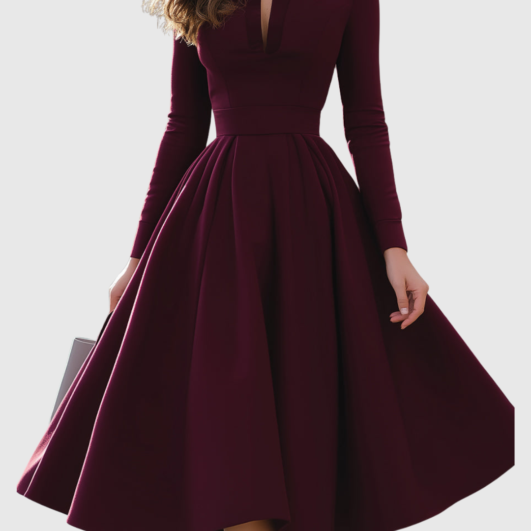 Danuta - Sukienka Midi z Dekoltem w Serek