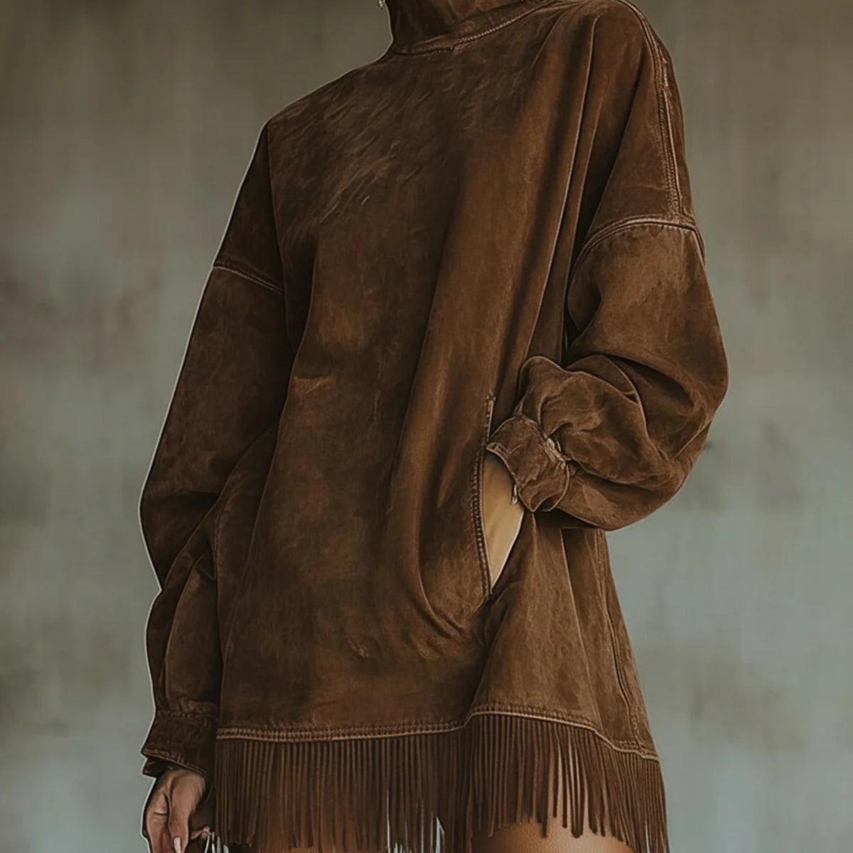 Bozena - Przytulna sukienka z frędzlami z zamszu