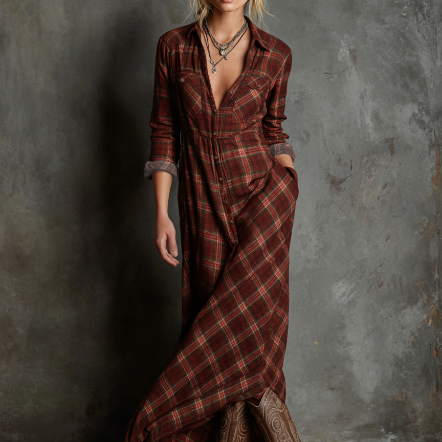 Izabela - Klasyczna Zielona Koszulowa Sukienka w Kratę