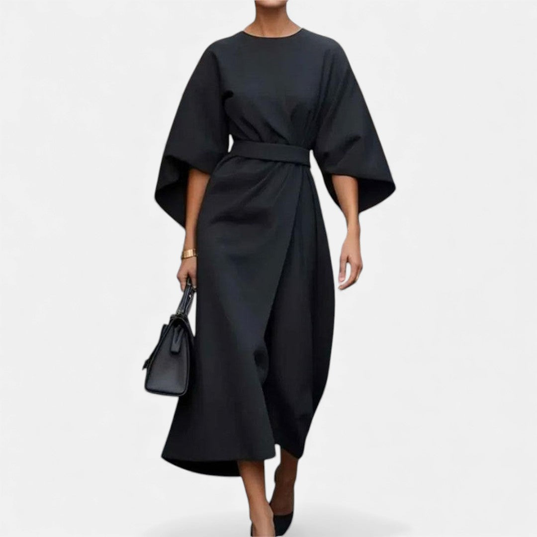 Maria - Sukienka Maxi z Rękawem w Satynowym