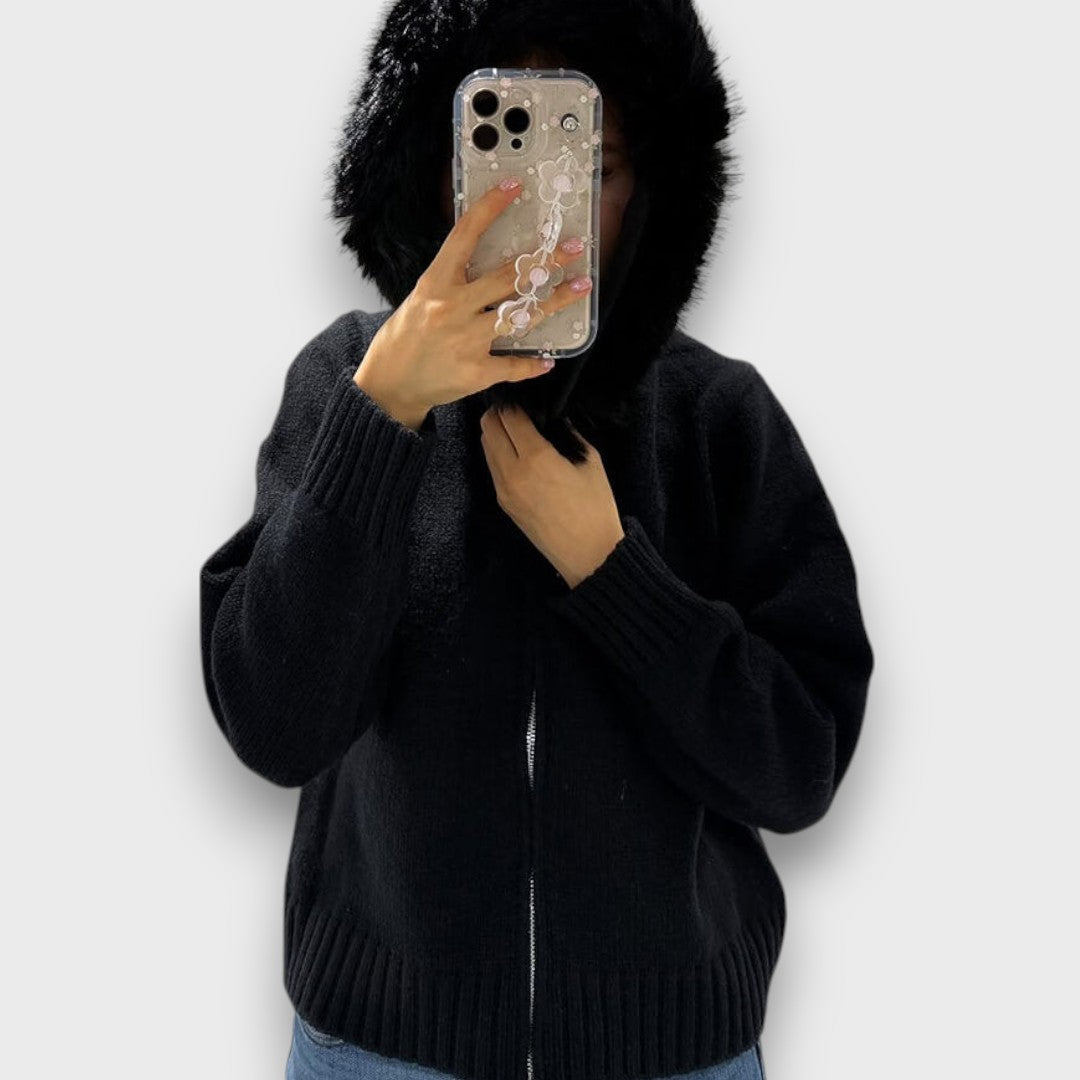 Alisanne – Sweter z zamkiem i kołnierzem z futra sztucznego