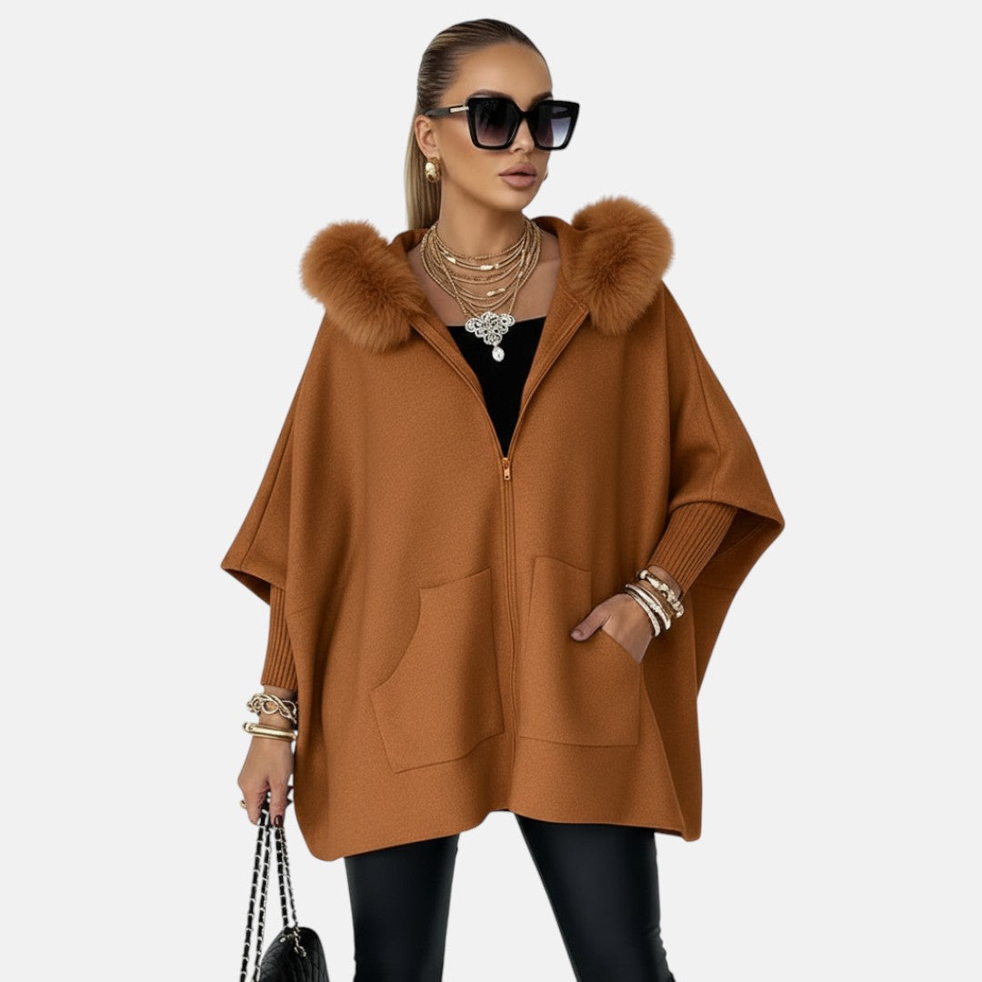 Magdalena - Swobodna kurtka z kapturem i futrzanym kołnierzem