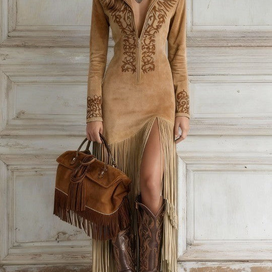 Zofia - Sukienka maxi z haftem ekoskóry