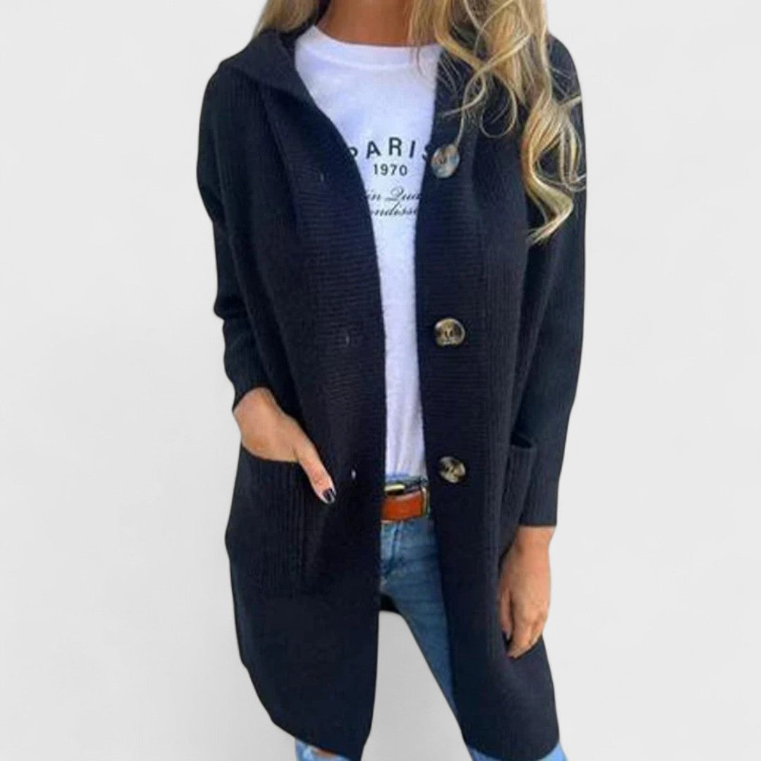 Adriana - Długa kurtka z kapturem i guzikami